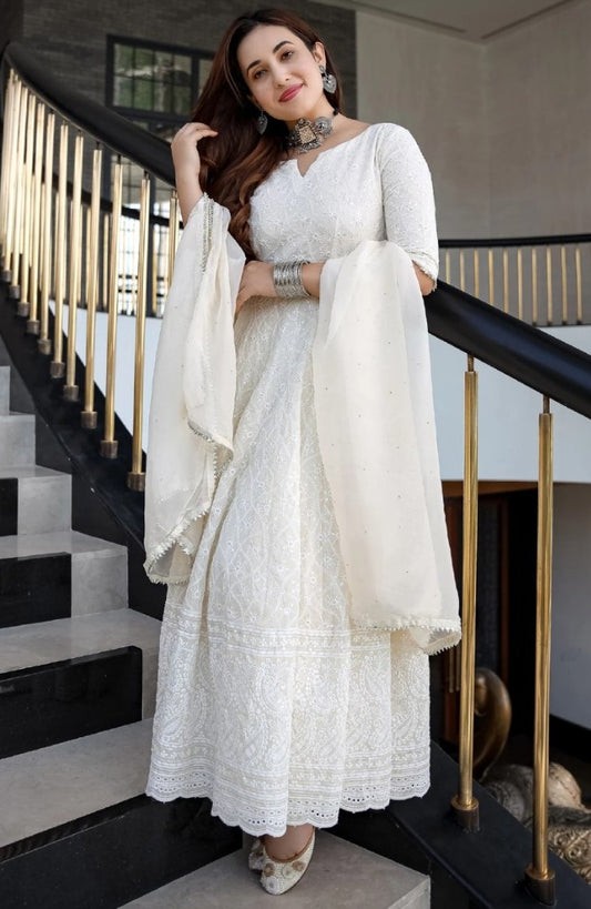 White georgette chain stich anarkali gown