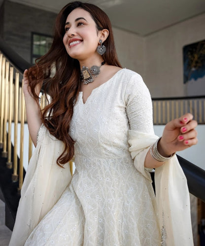 White georgette chain stich anarkali gown
