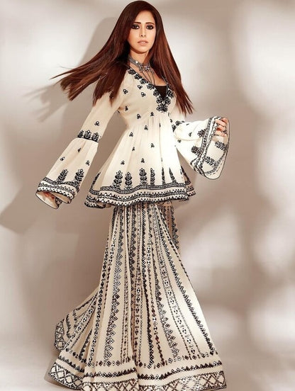 White georgette chain stich work sharara suit