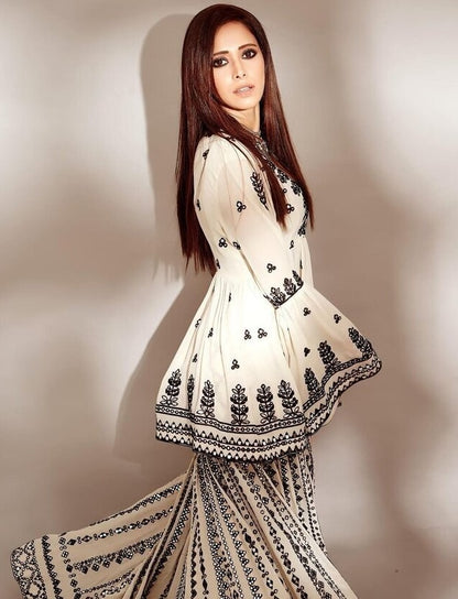 White georgette chain stich work sharara suit