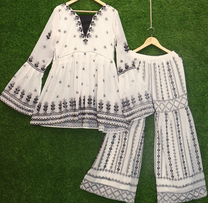 White georgette chain stich work sharara suit