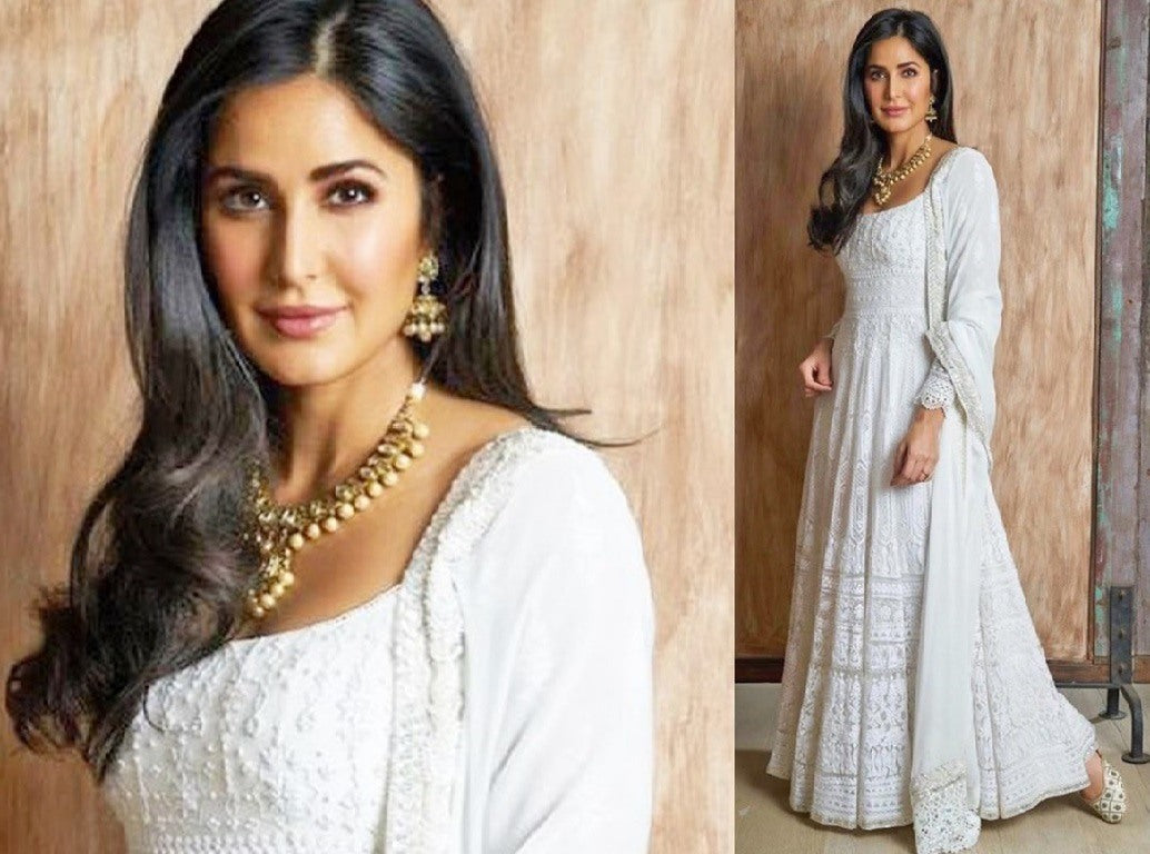 White georgette chain stitch embroidered long gown with dupatta