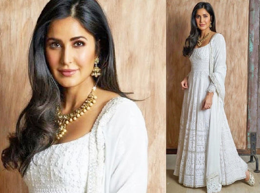 White georgette chain stitch embroidered long gown with dupatta