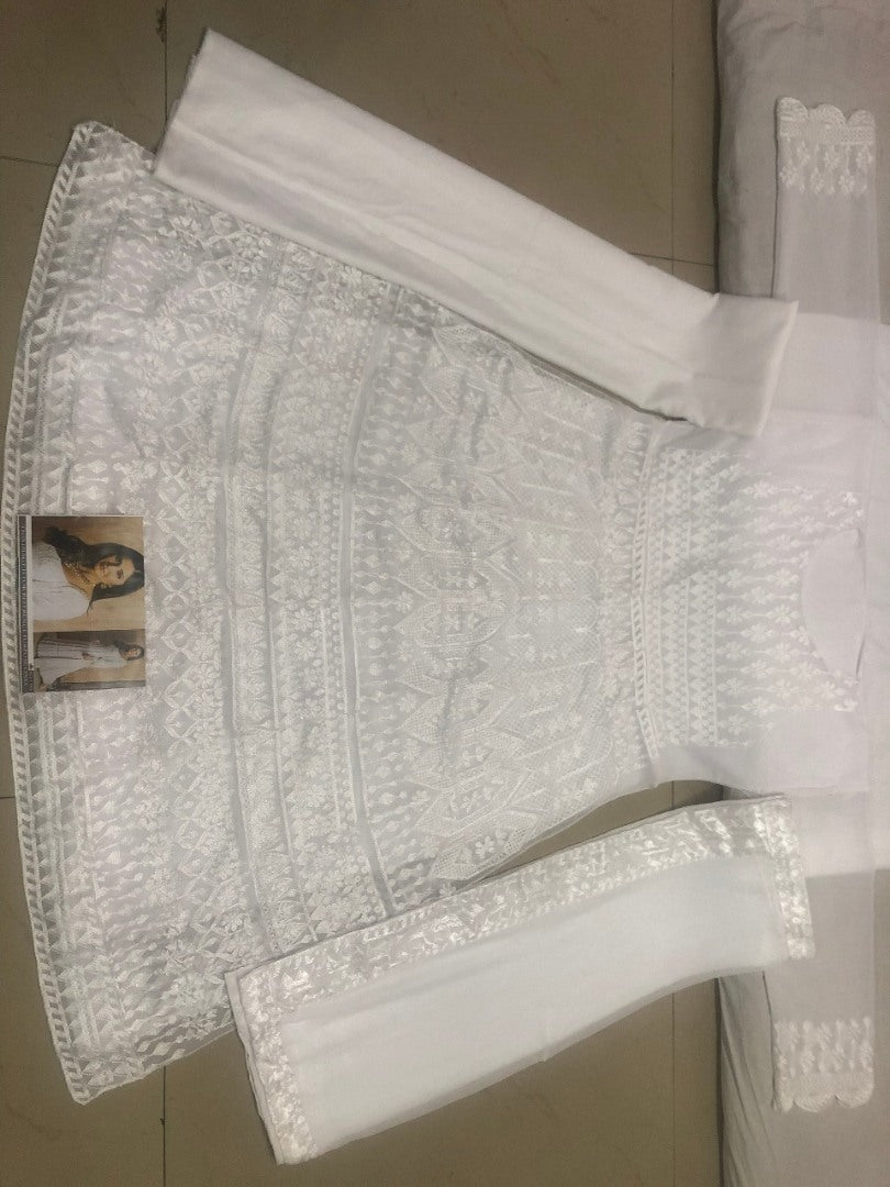 White georgette chain stitch embroidered long gown with dupatta