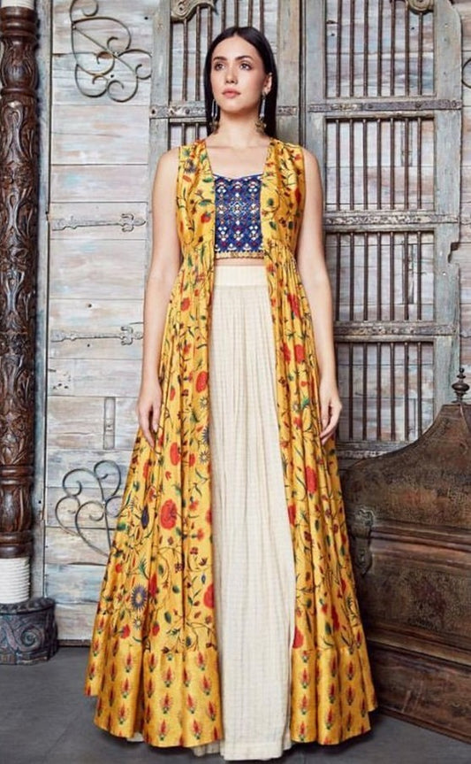 white georgette crop top indowestern lehenga with yellow printed shrug