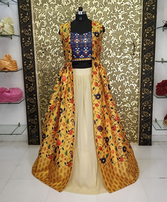 white georgette crop top indowestern lehenga with yellow printed shrug