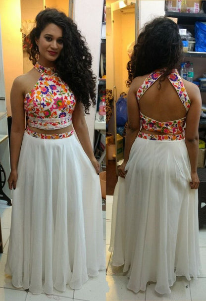 White georgette crop top lehenga with digital printed top