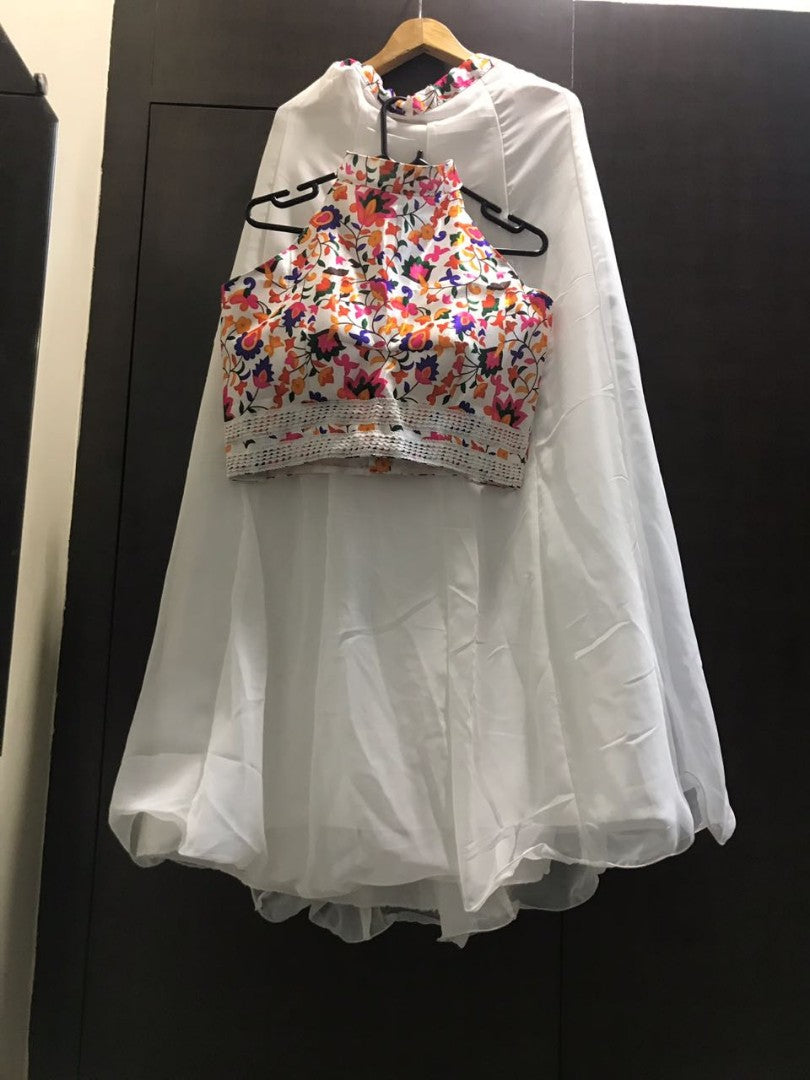 White georgette crop top lehenga with digital printed top
