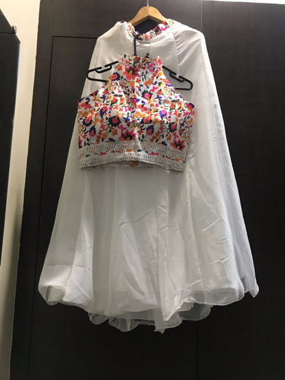 White georgette crop top lehenga with digital printed top