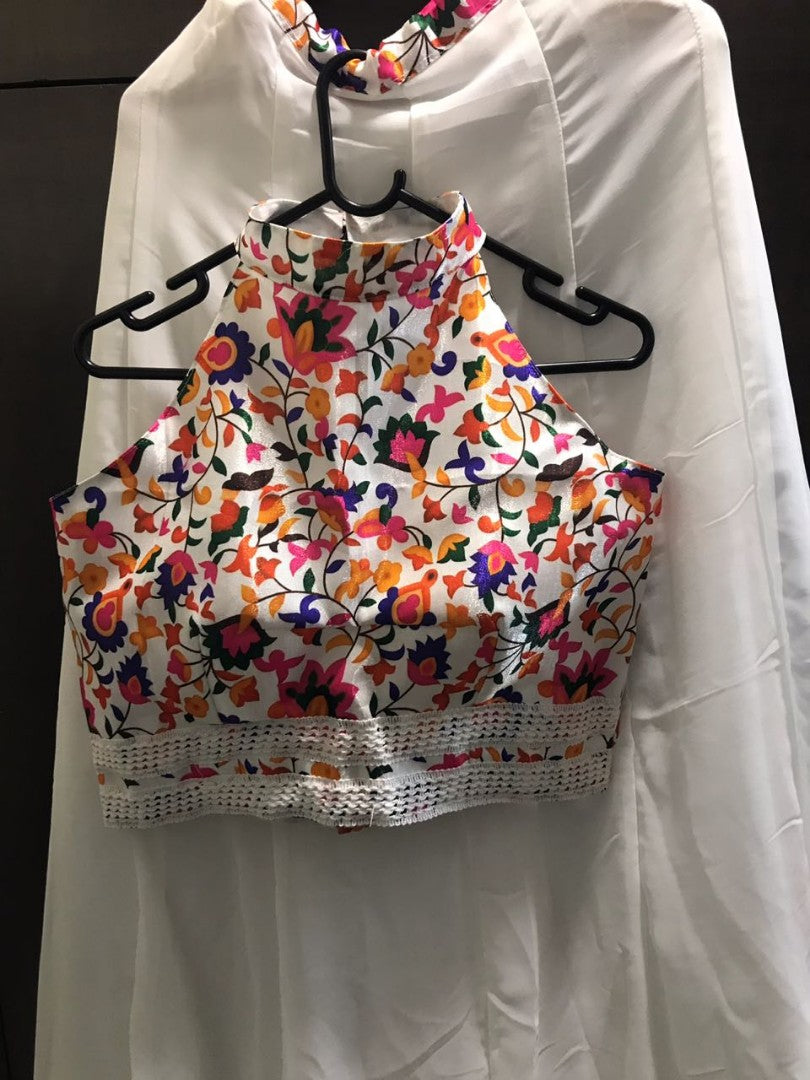 White georgette crop top lehenga with digital printed top