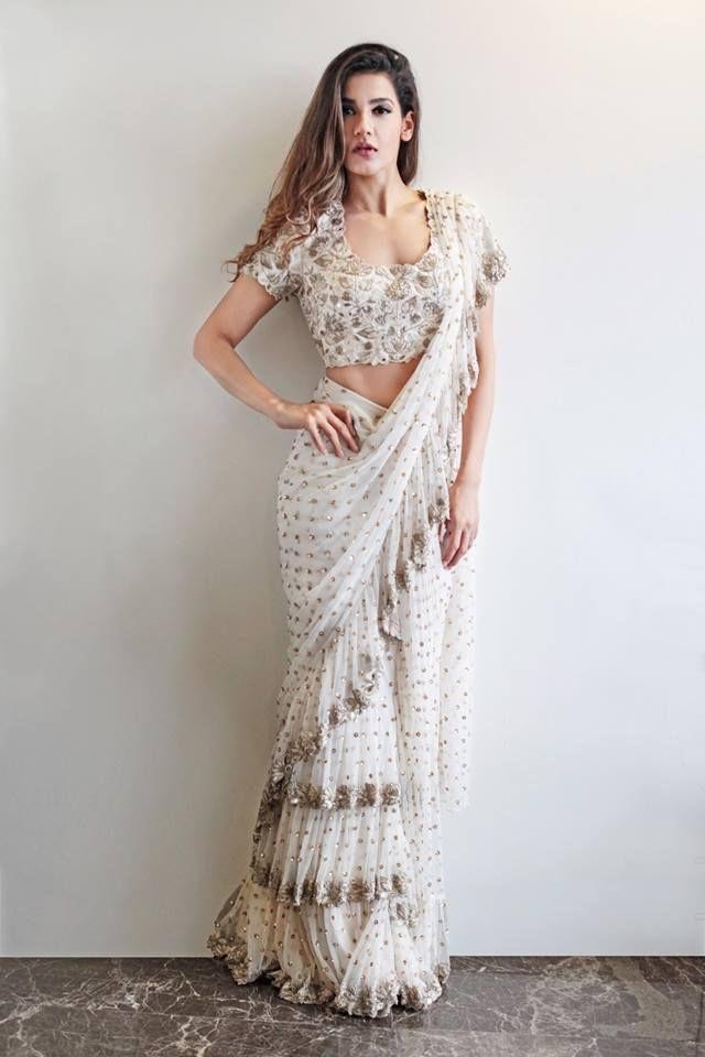 white georgette designer embroidered ceremonial ruffle saree