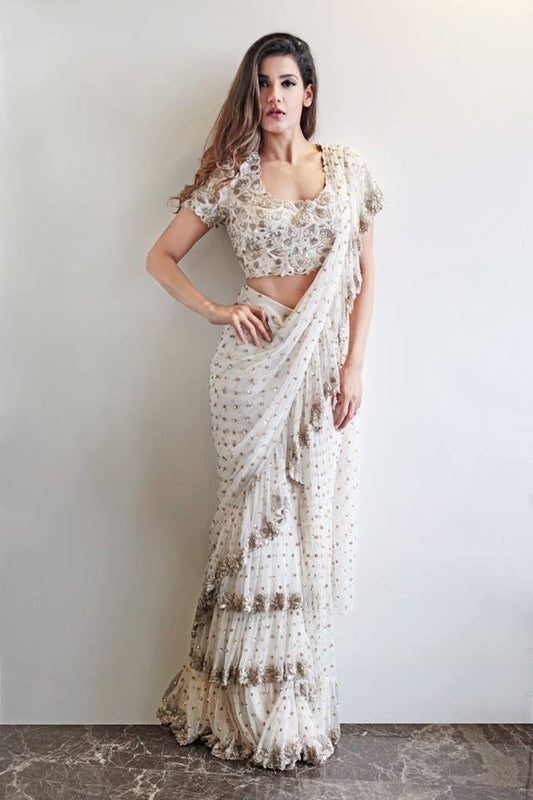 white georgette designer embroidered ceremonial ruffle saree