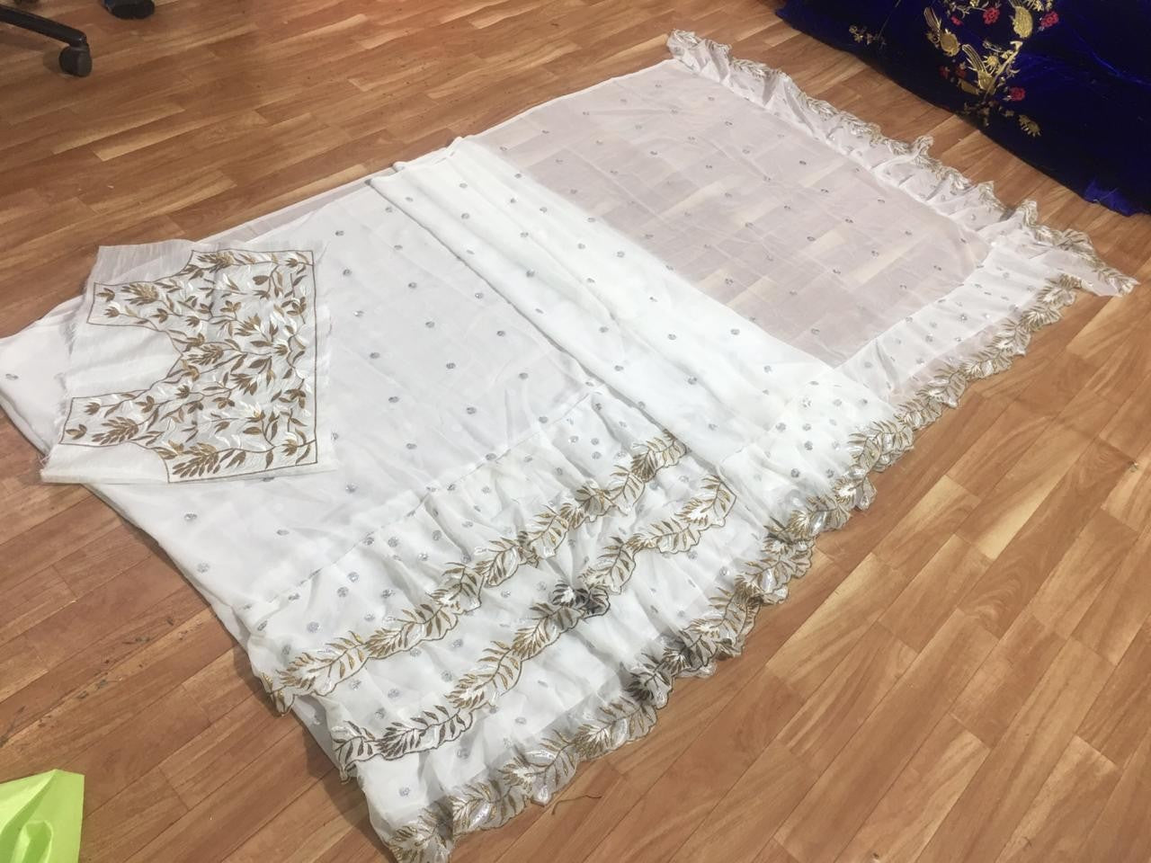 white georgette designer embroidered ceremonial ruffle saree