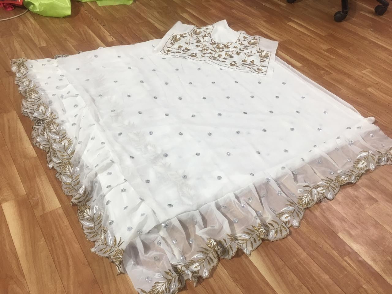 white georgette designer embroidered ceremonial ruffle saree