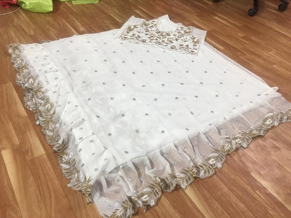 white georgette designer embroidered ceremonial ruffle saree
