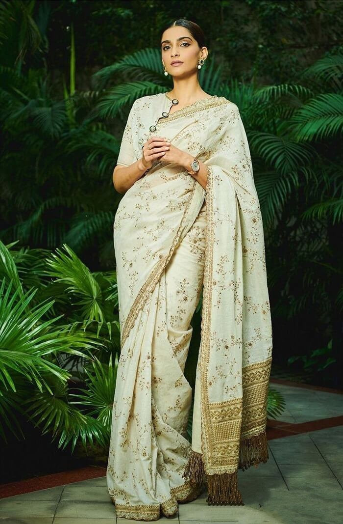 White georgette designer embroidered wedding saree