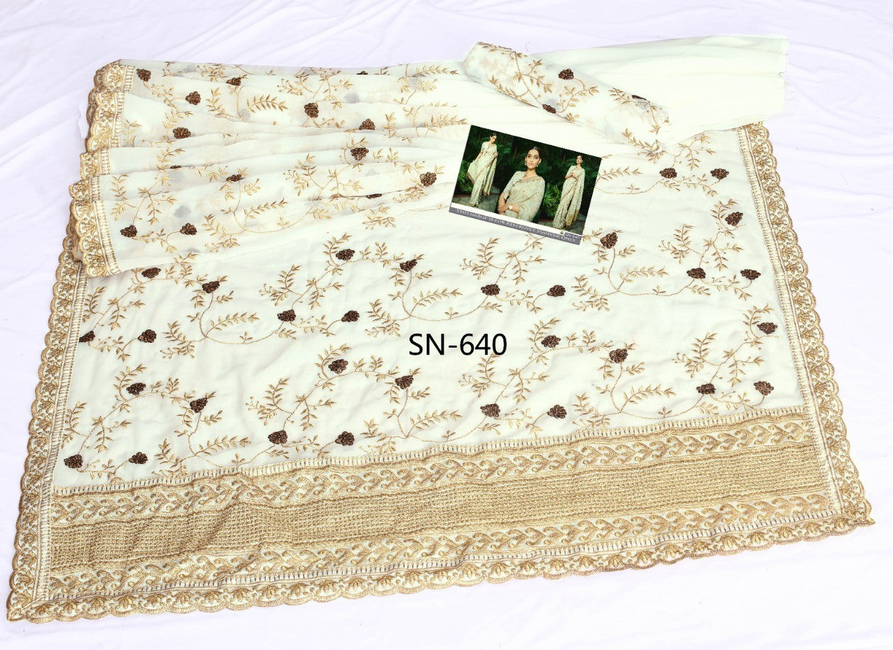 White georgette designer embroidered wedding saree