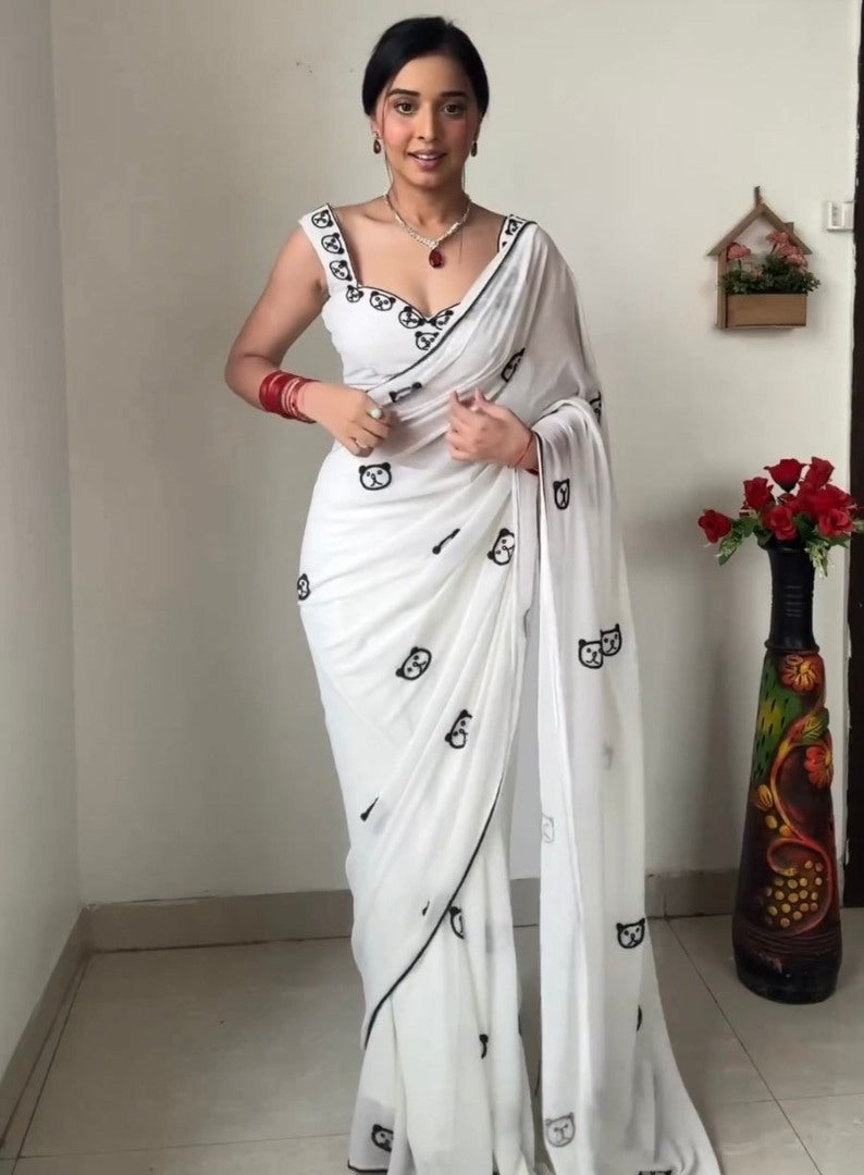 White georgette designer saree