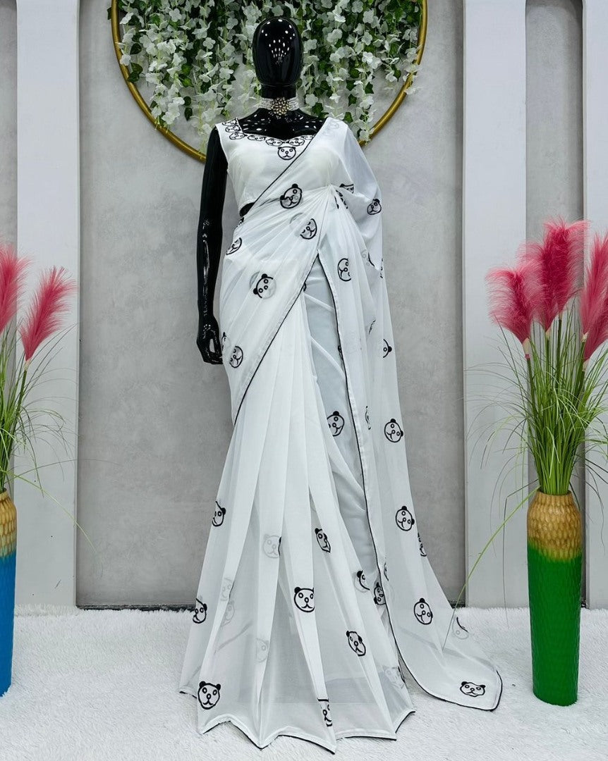 White georgette designer saree