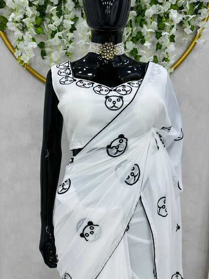 White georgette designer saree