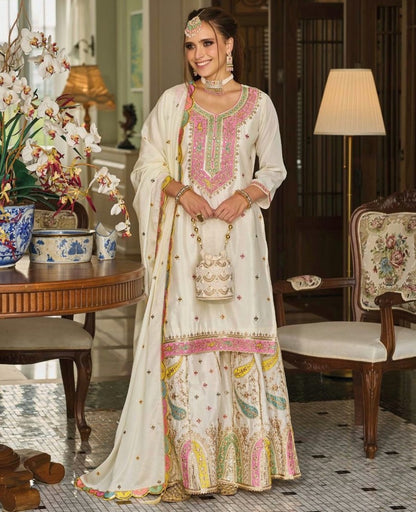 White georgette designer wedding plazzo suit
