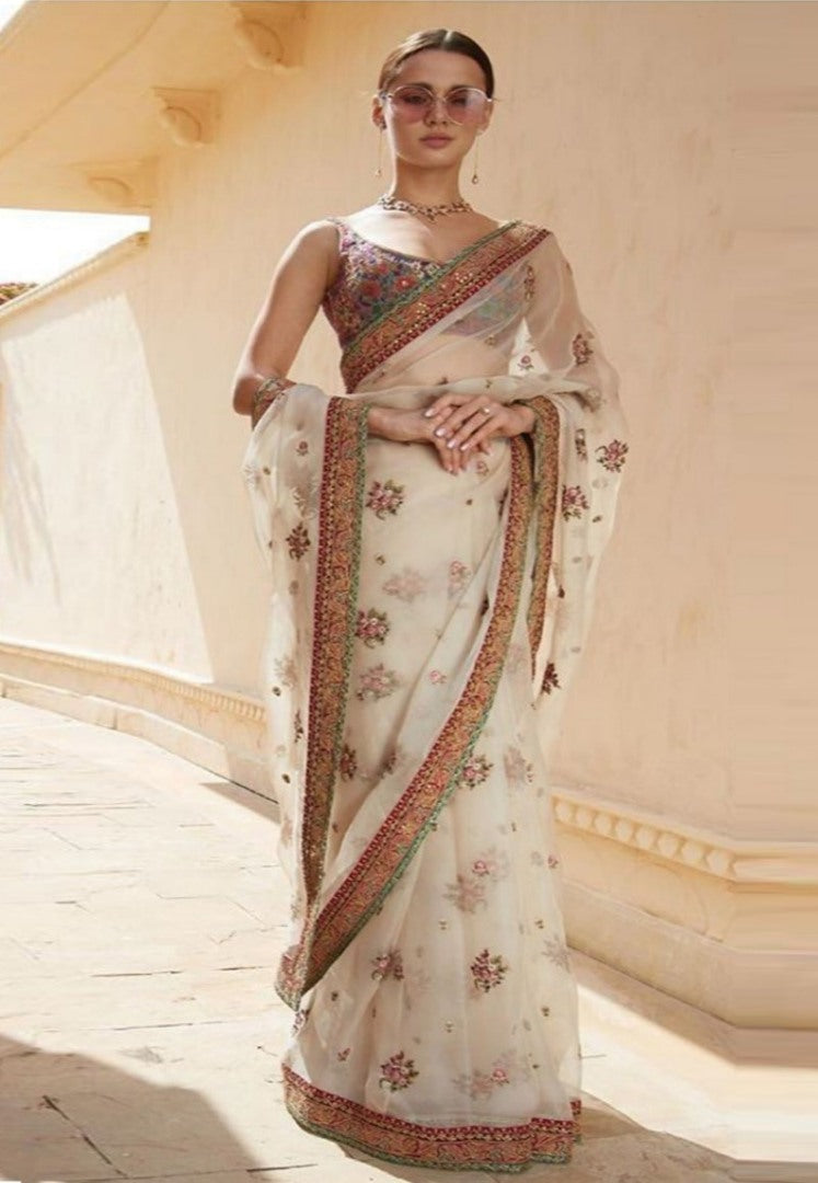 White georgette designer wedding saree
