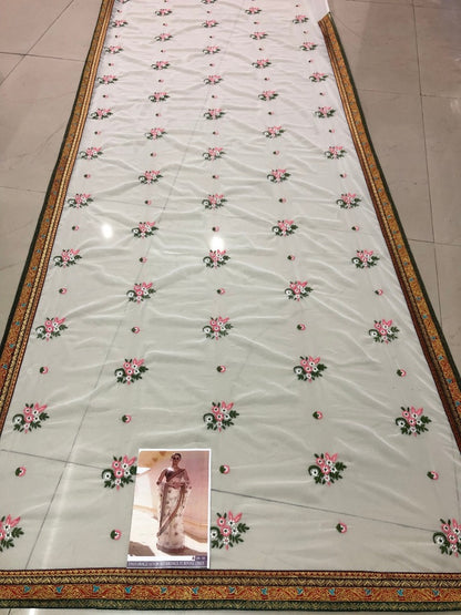 White georgette designer wedding saree