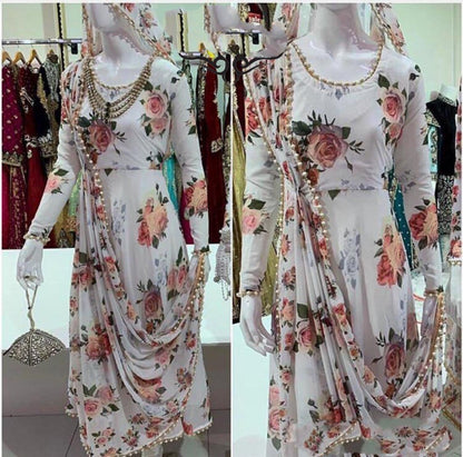 white georgette digital floral printed kurti with moti lace