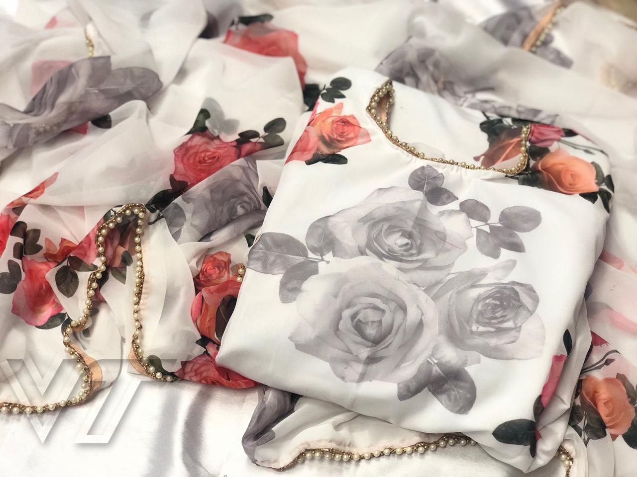 white georgette digital floral printed kurti with moti lace