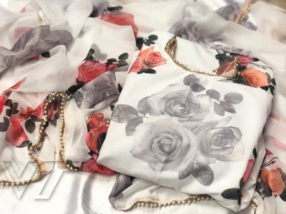 white georgette digital floral printed kurti with moti lace