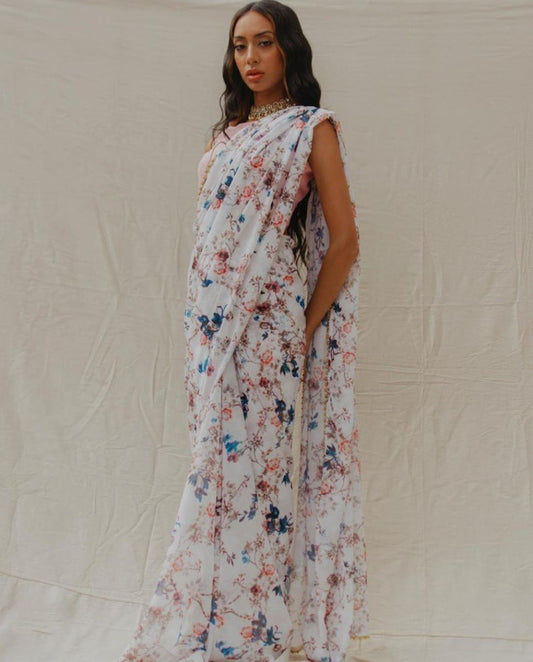 White georgette digital floral printed motilace saree