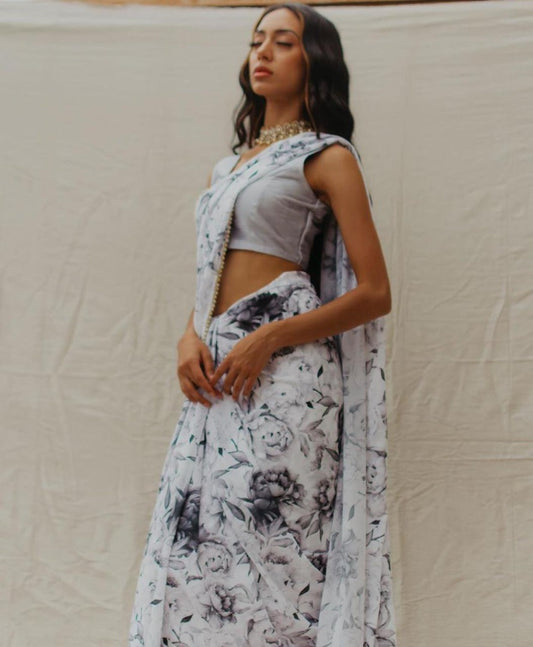 White georgette digital floral printed motilace saree