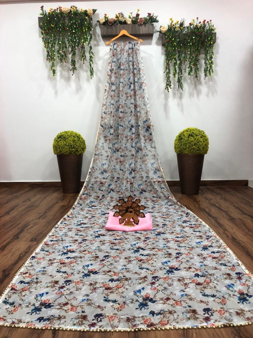 White georgette digital floral printed motilace saree