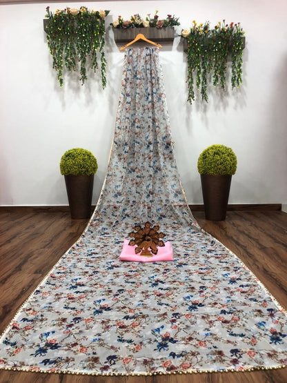 White georgette digital floral printed motilace saree