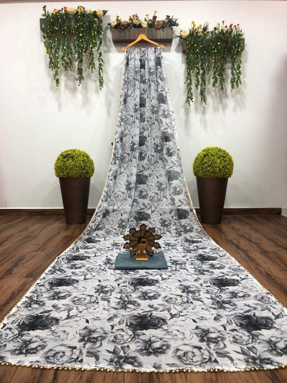 White georgette digital floral printed motilace saree