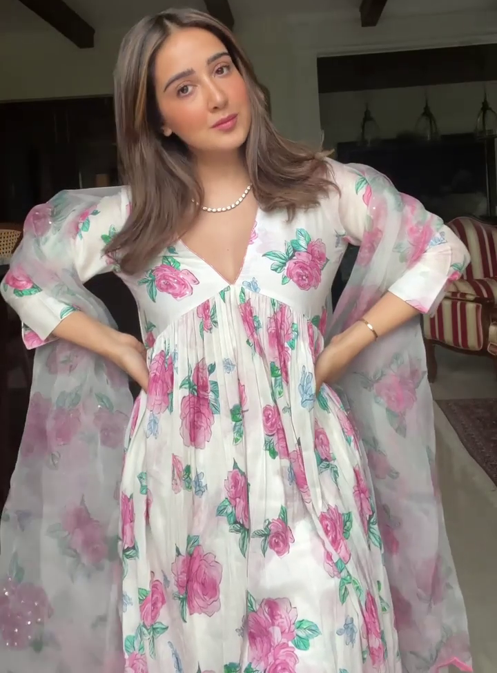 White georgette digital flower printed anarkali suit