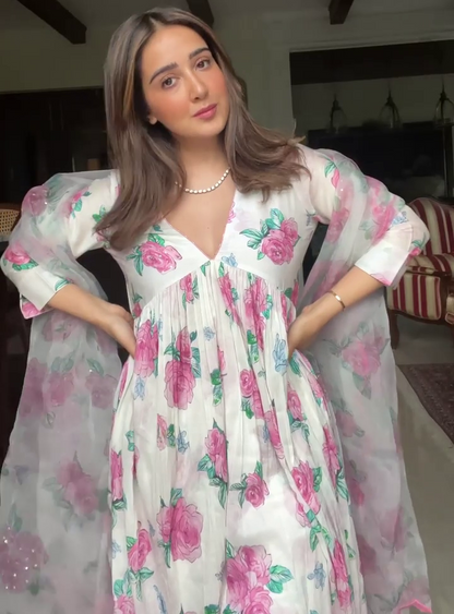 White georgette digital flower printed anarkali suit