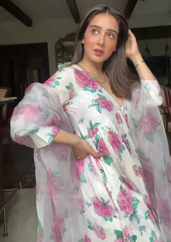 White georgette digital flower printed anarkali suit