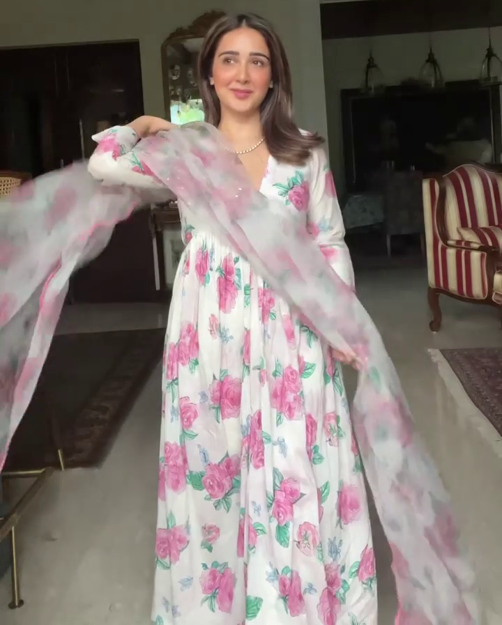 White georgette digital flower printed anarkali suit