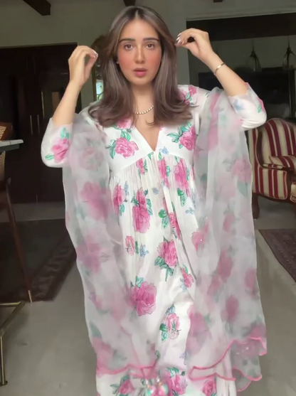 White georgette digital flower printed anarkali suit