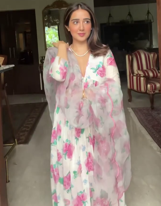 White georgette digital flower printed anarkali suit