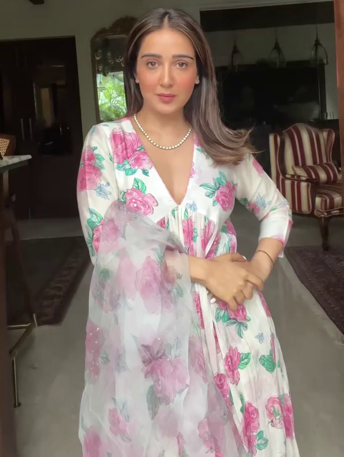 White georgette digital flower printed anarkali suit