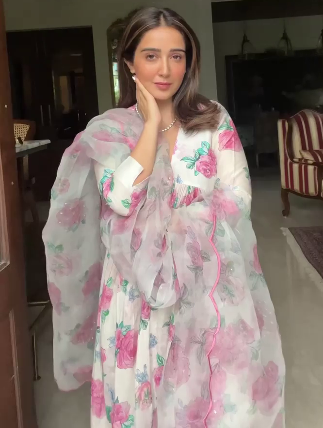 White georgette digital flower printed anarkali suit