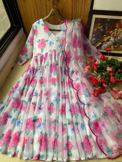 White georgette digital flower printed anarkali suit