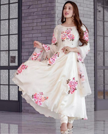 White georgette digital flower printed party wear gown