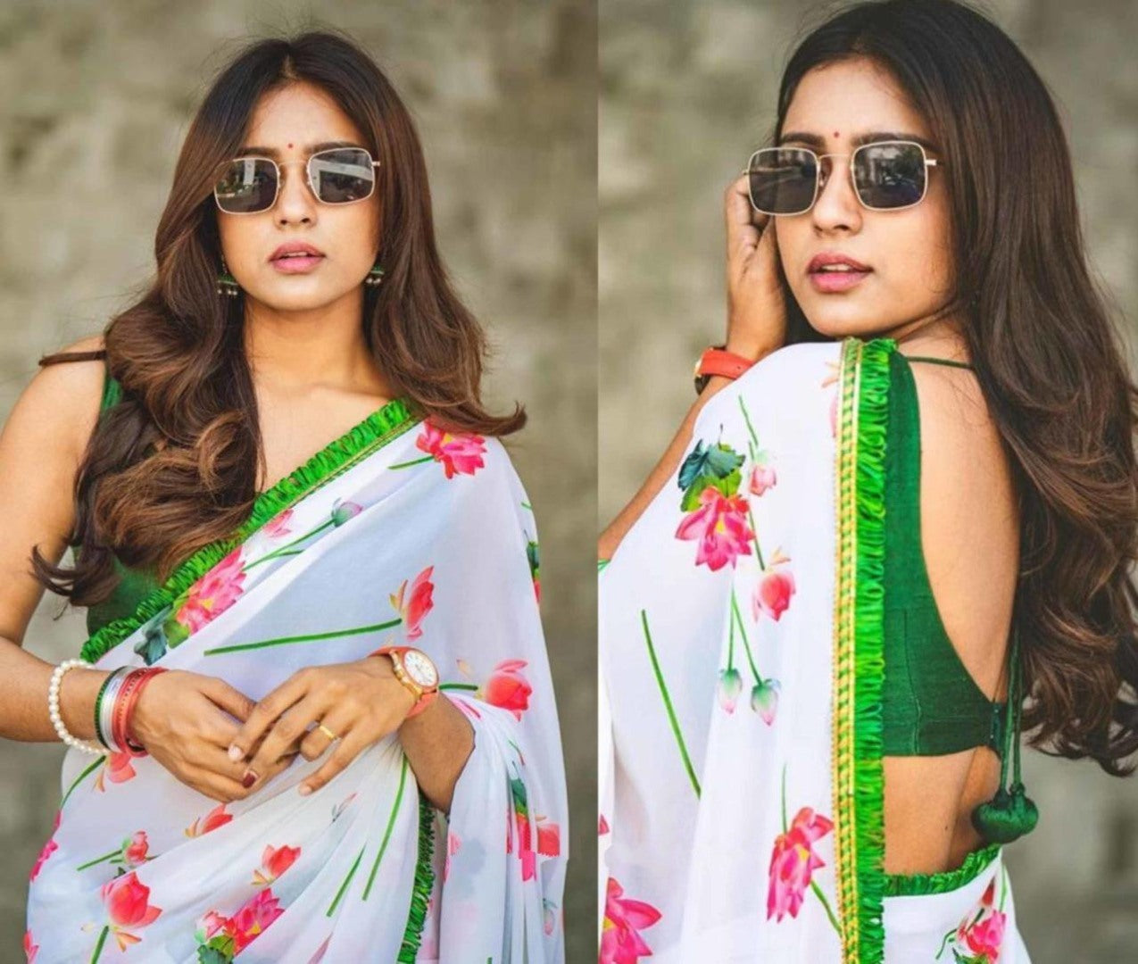 White georgette digital flower printed saree