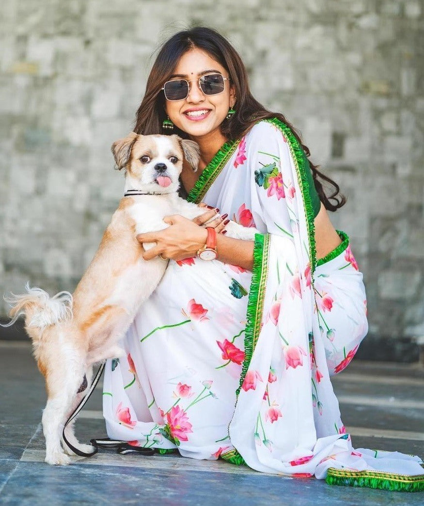 White georgette digital flower printed saree