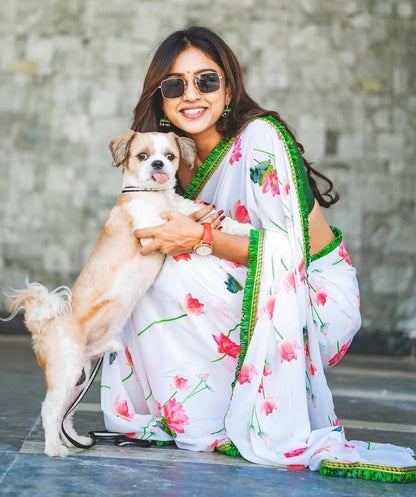 White georgette digital flower printed saree