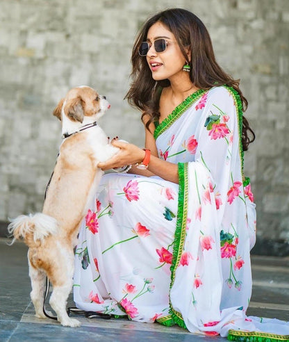 White georgette digital flower printed saree