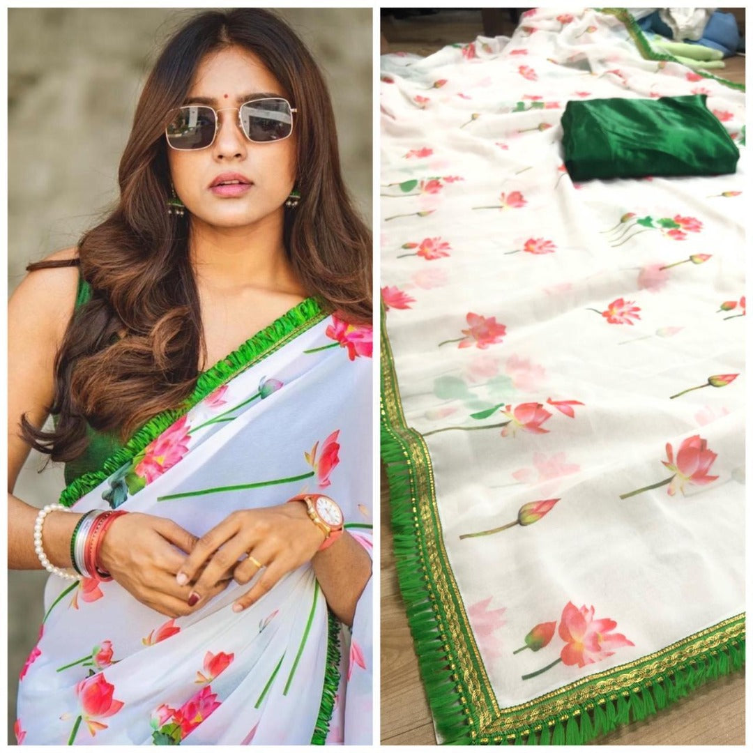 White georgette digital flower printed saree